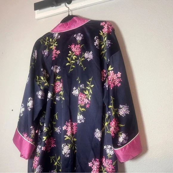 Lauren Ralph Lauren Floral Robe Kimono Navy Blue Floral Pink Size Large No Belt - Picture 6 of 11